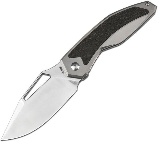 Artisan Fragarach Gray Titanium w Black Fat Carbon Inlay Satin Drop Point S90V