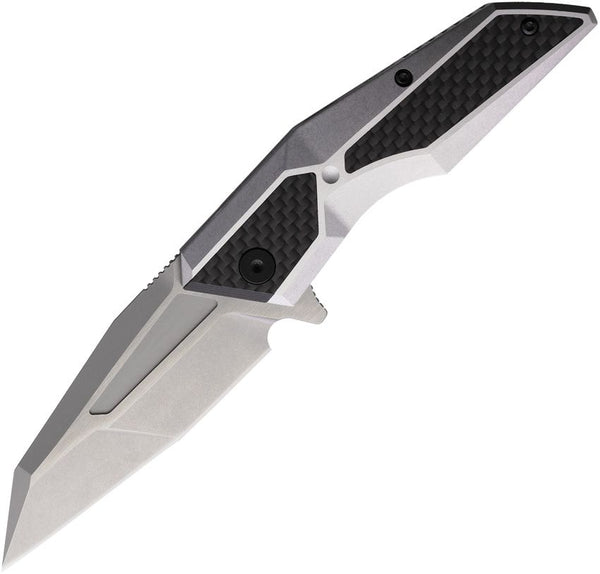 Brous Blades Recluse Framelock Stonewash Aluminum w CF Inlay BB & Satin Reverse Tanto D2