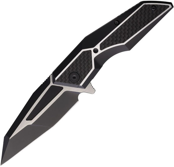Brous Blades Recluse Framelock Black Aluminum w CF Inlay Two Tone Reverse Tanto D2