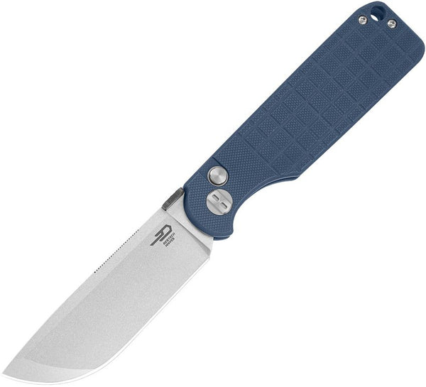 Bestech Knives Glok Button Lock Gray Blue G10 Stonewash 14C28N Sandvik