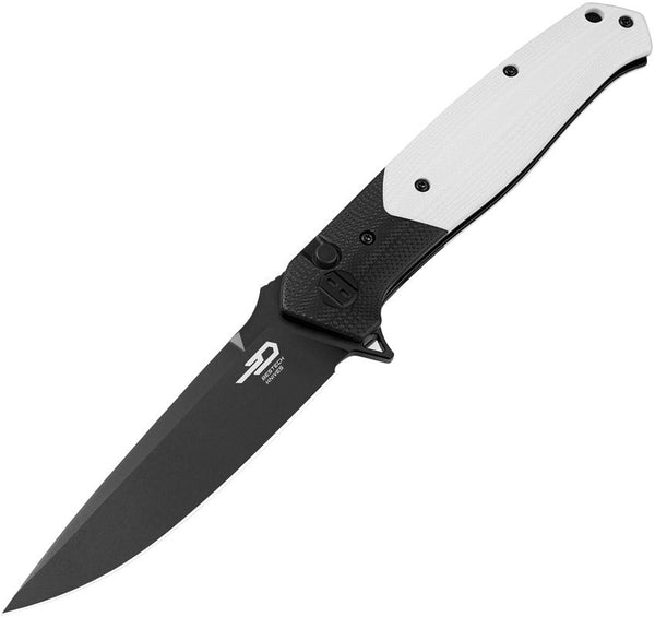 Bestech Knives Swordfish Button Lock White G10 Black Stonewash 14C28N Sandvik