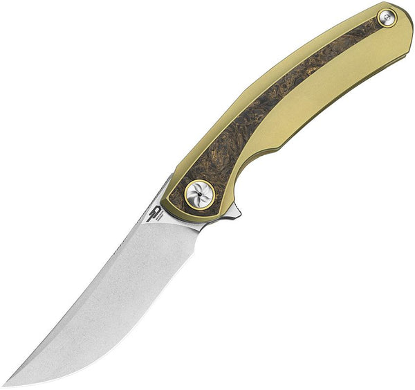 Bestech Knives Sambac Framelock Gold Titanium w Dark Matter Fat Carbon Fiber Inlay Trailing Point Magnacut