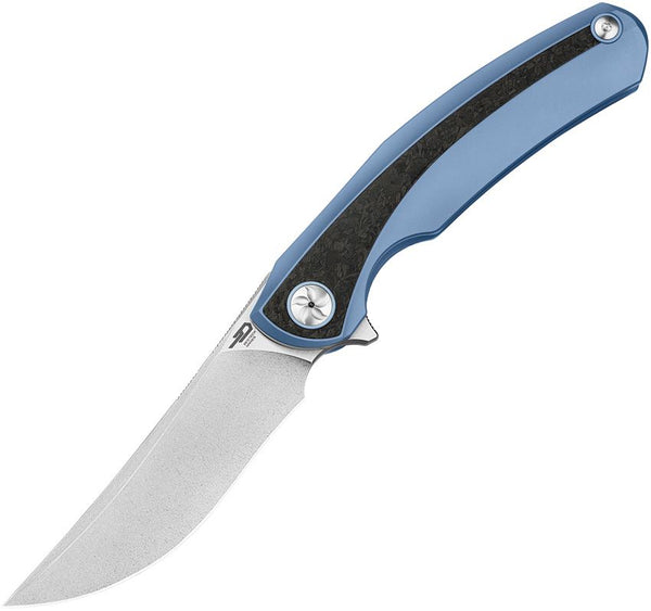 Bestech Knives Sambac Framelock Blue Titanium w Twill Carbon Fiber Inlay Trailing Point Magnacut