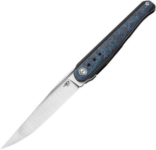 Bestech Knives Spear Phisher Framelock Black Titanium w Blue Marble Carbon Fiber Satin Bohler M390