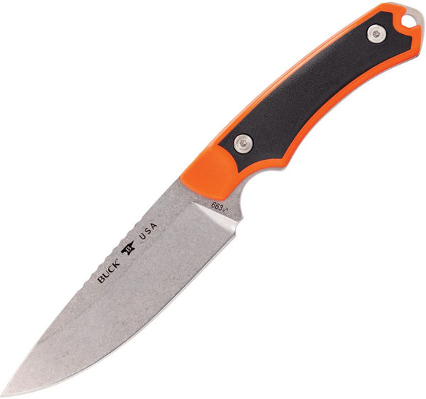 Buck Alpha Guide Select Orange GFN w Black Versaflex Inlay Stonewash Drop Point 420HC