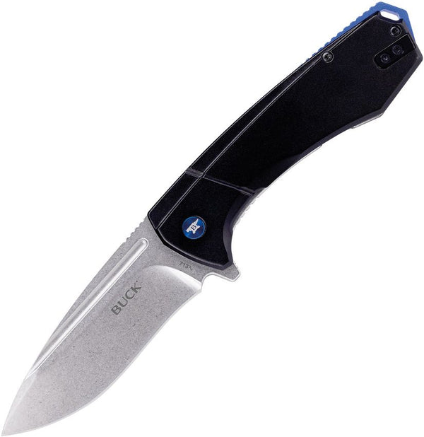 Buck Ruckus Framelock Black & Blue Aluminum w Stainless Back Stonewash D2