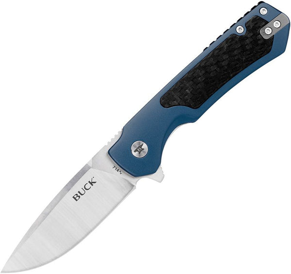 Buck Stinger Framelock Blue Aluminum w CF Inlay & Stainless Back Stonewash D2