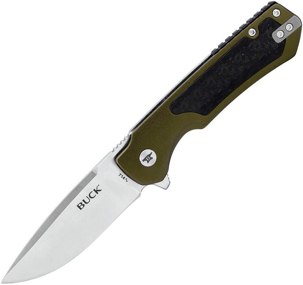Buck Stinger Framelock Green Aluminum w CF Inlay & Stainless Back Stonewash D2