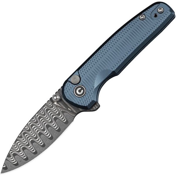 Civivi Mini Shakan Button Lock Blue Aluminum Drop Point Damascus