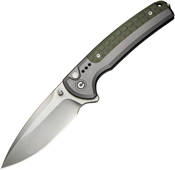 Civivi Sentinel Strike II Button Lock Gray Aluminum w OD Green FRN Stonewashed Drop Point Nitro-V