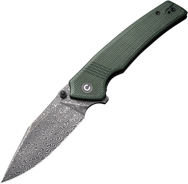 Civivi Tranquil Liner Lock Green Canvas Micarta Black Hand Rubbed Clip Point Damascus