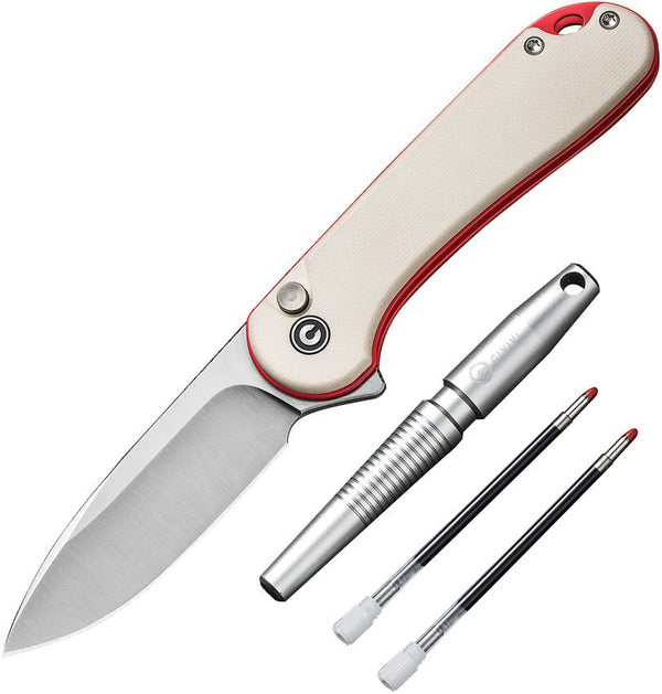 Civivi Stellar Quill Pen Elementum II Button Lock Ivory G10 w Red Liners Satin Drop Point Nitro-V