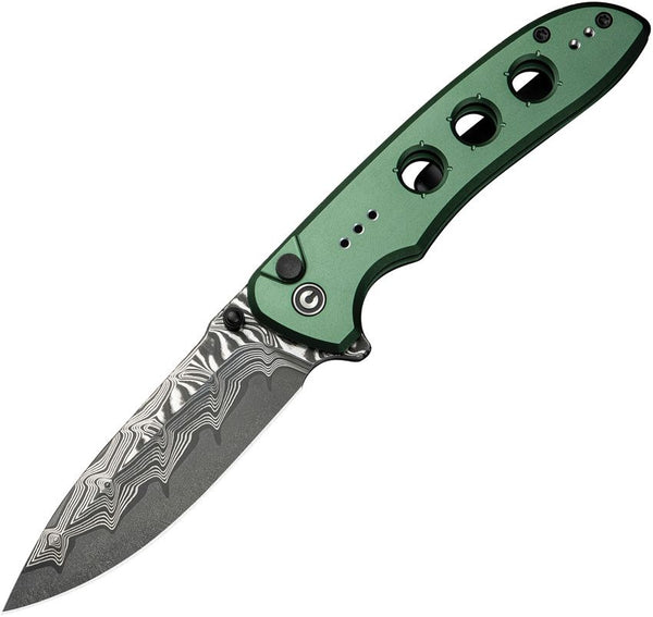 Civivi Hyperpulse Button Lock Green Aluminum Drop Point Damascus