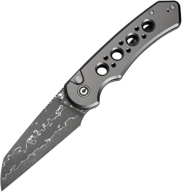 Civivi Pragma Prime Button Lock Gray Aluminum Wharncliffe Damascus