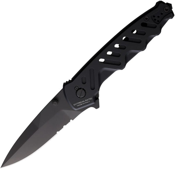 Extrema Ratio Caimano Nero N.A. Linerlock Blackout MIL-C-13924 Burnished Partially Serrated Spear Point Bohler N690