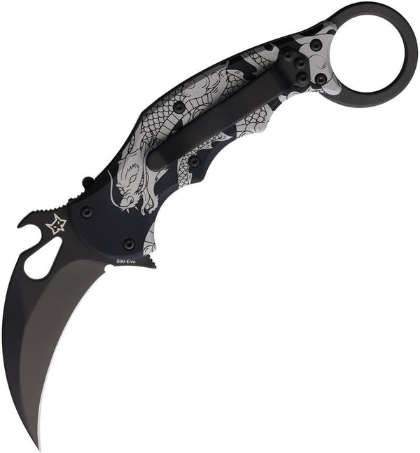 FOX Karambit Linerlock Dragon Artwork Black Aluminum Coated Bohler N690