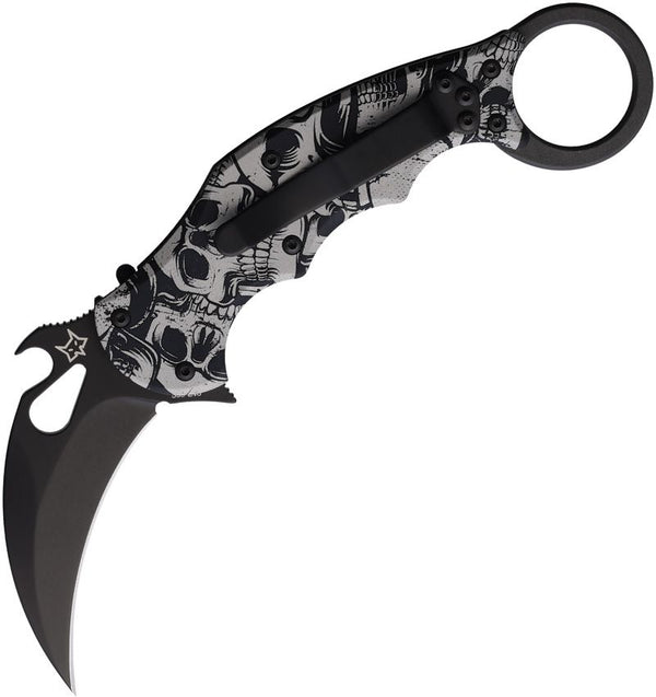 FOX Karambit Linerlock Skull Artwork Black Aluminum Coated Bohler N690