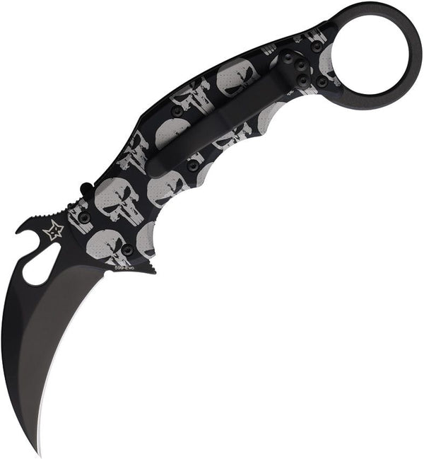 FOX Karambit Linerlock Skull Artwork Black Aluminum Coated Bohler N690