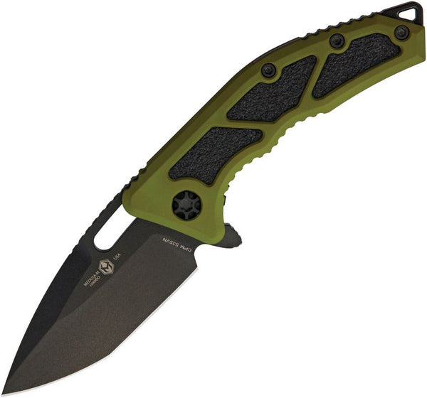 Heretic Knives Medusa Liner Lock Green Anodized Aluminum Cerakote Tanto CPM S35VN