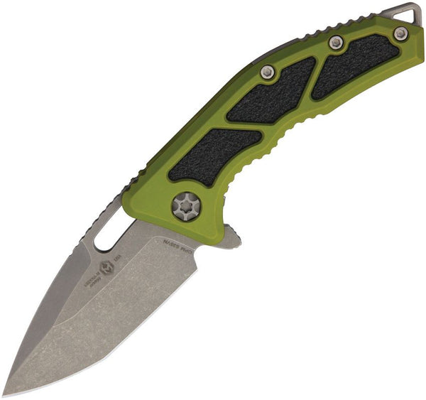 Heretic Knives Medusa Liner Lock Green Anodized Aluminum Battleworn Tanto CPM S35VN