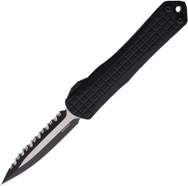 Heretic Knives Auto Manticore S OTF Black Aluminum Frag Pattern D/E Two Tone Serrated CPM MagnaCut