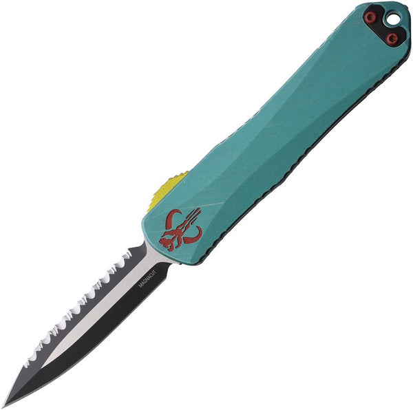 Heretic Knives Auto Manticore E OTF Teal Aluminum w Bounty Artwork D/E Serrated CPM MagnaCut