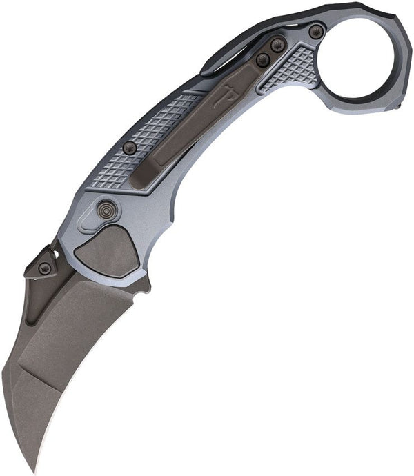 Hoback Knives Tactical Toucan Button Lock Blue Anodized Aluminum Stonewash CPM-20CV