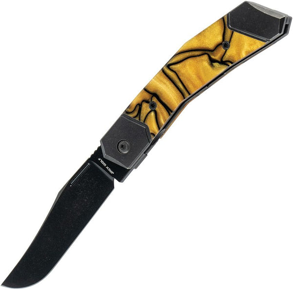 Jack Wolf Knives Bionic Jack Framelock Liquid Gold Kirinite Black DLC Coated S90V