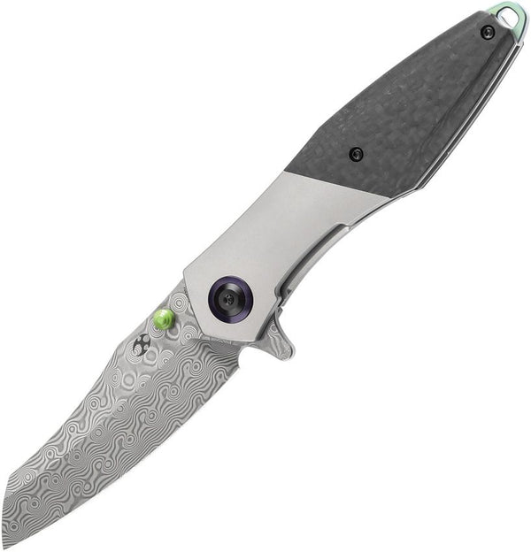 Kansept Knives Mistaken Framelock Bead Blast Titanium w Twill Carbon Fiber Inlay Damascus