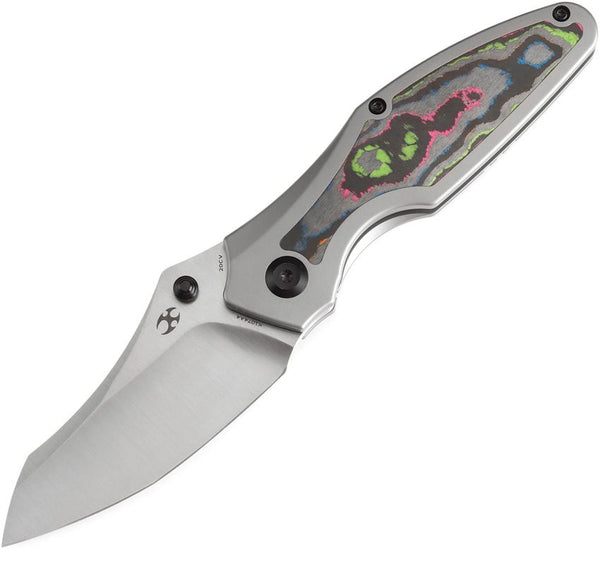 Kansept Knives Baba Yaga Framelock Bead Blast Titanium w 80s Camo Carbon Fiber Inlay Satin Wharncliffe CPM-20CV