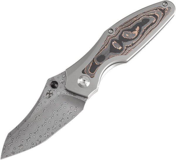 Kansept Knives Baba Yaga Framelock Bead Blast Titanium w Copper Foil Carbon Fiber Inlay Satin Wharncliffe Damascus