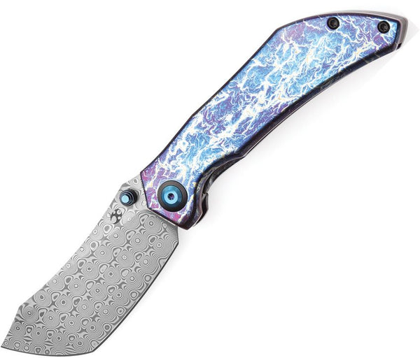 Kansept Knives Tipper Framelock Lightning Strike Anodized Titanium Wharncliffe Damascus