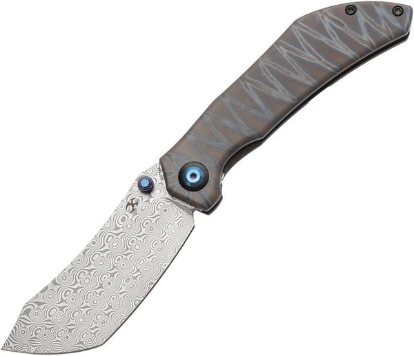 Kansept Knives Tipper Framelock Tiger Stripe Anodized Titanium Wharncliffe Damascus
