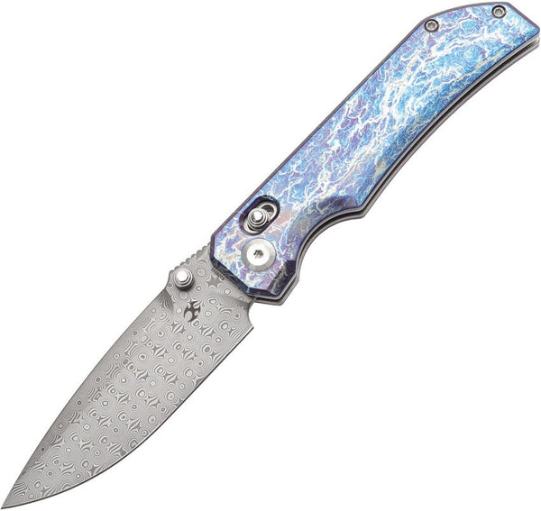 Kansept Knives Eaglestrike Crossbar Lock Lightning Strike Anodized Titanium Damascus