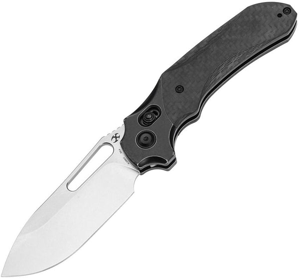 Kansept Knives Quasar Crossbar Lock Black SW Titanium w Twill Carbon fiber Inlay Stonewash CPM-20CV