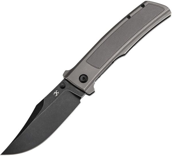 Kansept Knives Bison Framelock Gray Stonewash Frag Pattern Titanium BlackWash Bowie CPM S35VN