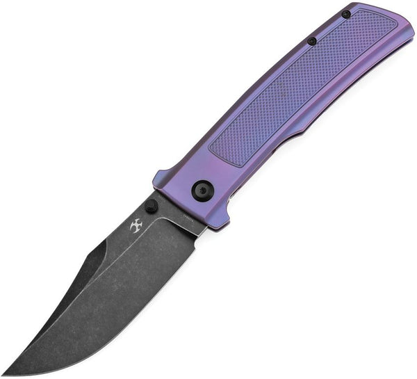 Kansept Knives Bison Framelock Purple Frag Pattern Titanium BlackWash Bowie CPM S35VN