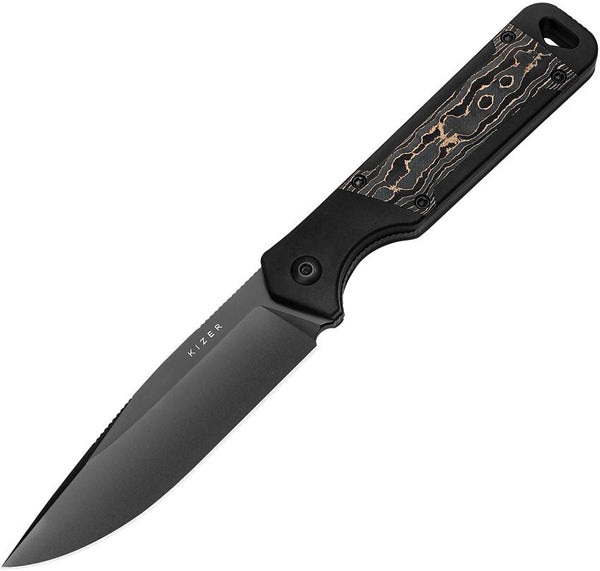 Kizer Cutlery Militaw Fixed Blade Black Aluminum w Gold Foil CF Inlay Black Stonewash S35VN