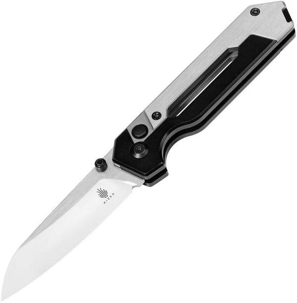 Kizer Cutlery Hyper Button Lock Black/Silver Aluminum Stonewash S35VN