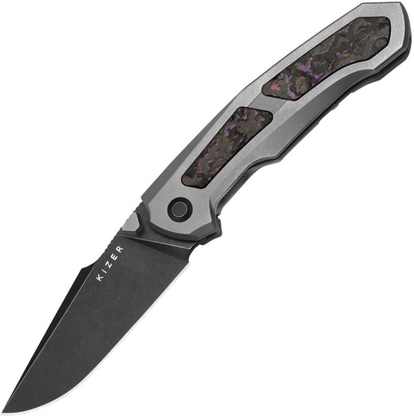 Kizer Cutlery Feweed Framelock Gray Titanium w Purple Haze Fat Carbon Inlay Black Stonewash CPM S35VN