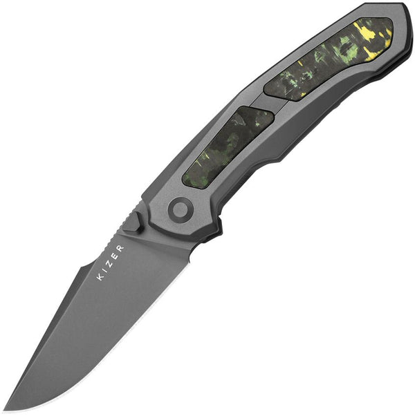 Kizer Cutlery Feweed Framelock Gray Titanium w Toxic Storm Fat Carbon Inlay Black Stonewash CPM S90V