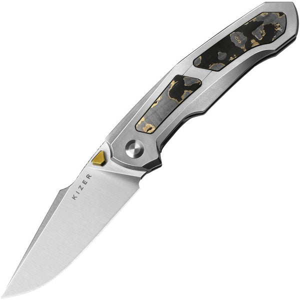 Kizer Cutlery Feweed Framelock Gray Titanium w Gold Camo Carbon Fiber Inlay Satin Z-Wear PM