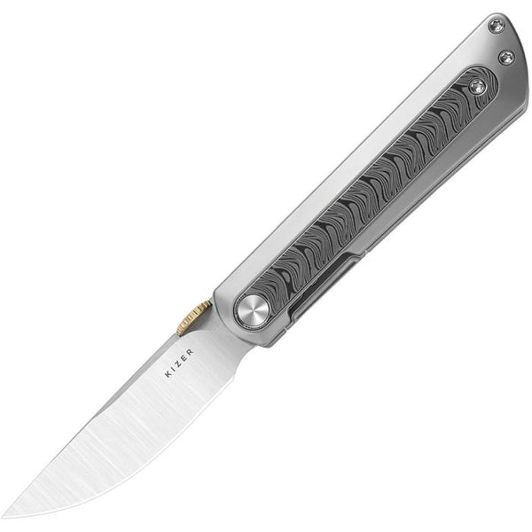 Kizer Cutlery Quoll Framelock Rainbow Gray Titanium w Rainbow Damascus Steel Inlay Brushed S45VN
