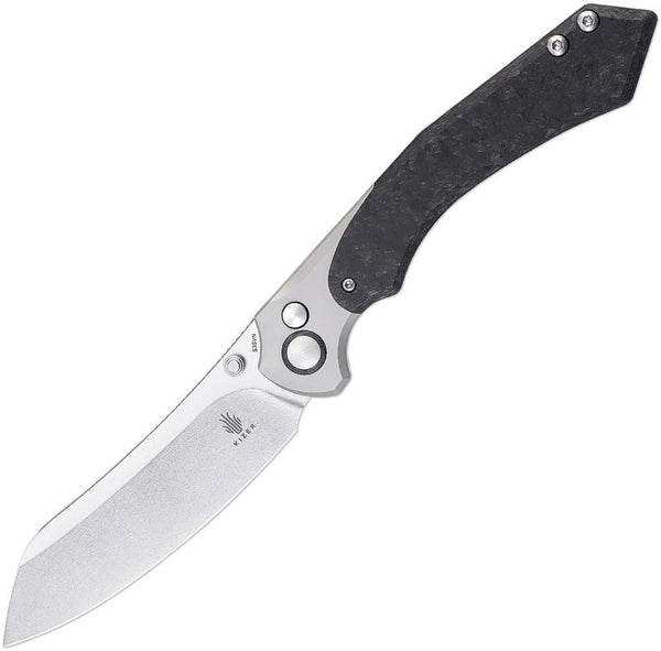 Kizer Cutlery Clairvoyant Button Lock Carbon Fiber w Titanium Bolsters Stonewash S35VN