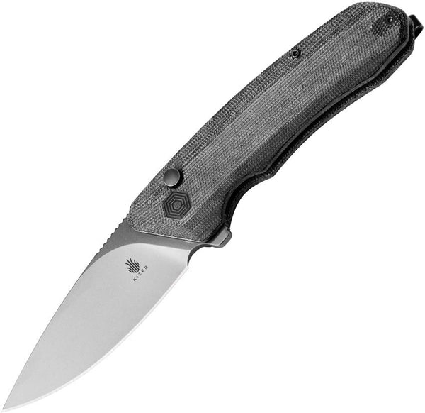 Kizer Cutlery Invictus Button Lock Black Canvas Micarta Stonewash 154CM