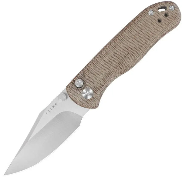 Kizer Cutlery Drop Bear 2 Button Lock Natural Canvas Micarta Satin Nitro V