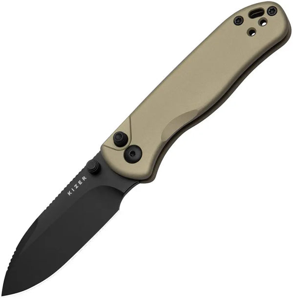 Kizer Cutlery Drop Bear 2 Button Lock Tan Aluminum Black DLC Coated Nitro V