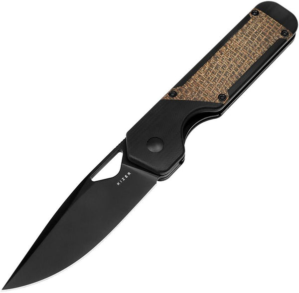 Kizer Cutlery Militaw Framelock Black G10 w Green Micarta Inlay Black Stonewash Nitro V