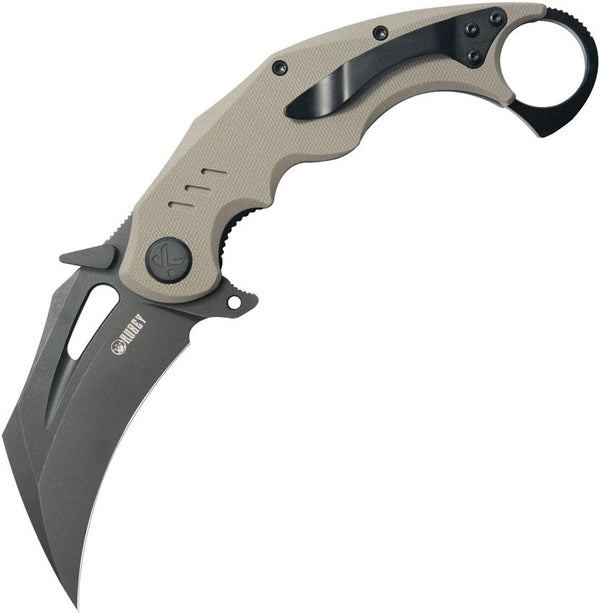 Kubey Wrath Karambit Linerlock Tan G10 Black Stonewash 14C28N Sandvik