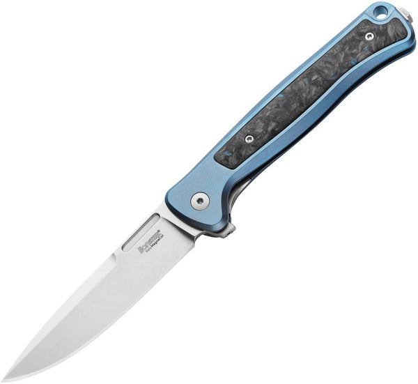 LionSTEEL Skinny Framelock Blue Titanium w Dark Matter Carbon Fiber iInlay Stonewash CPM MagnaCut